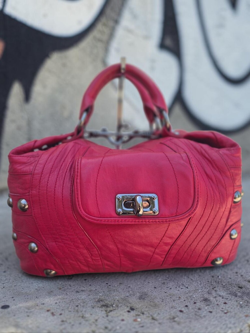 Betsey Johnson Vintage Leather Studded Turnlock Satchel